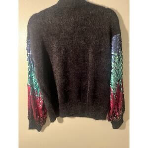 Listicle Sequin Sleeve Fuzzy Pullover Sweater Black